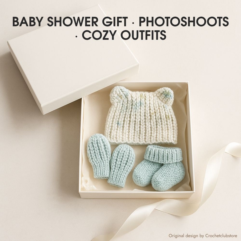 Crochet baby hat, mittens and socks arranged as a premium baby shower gift set