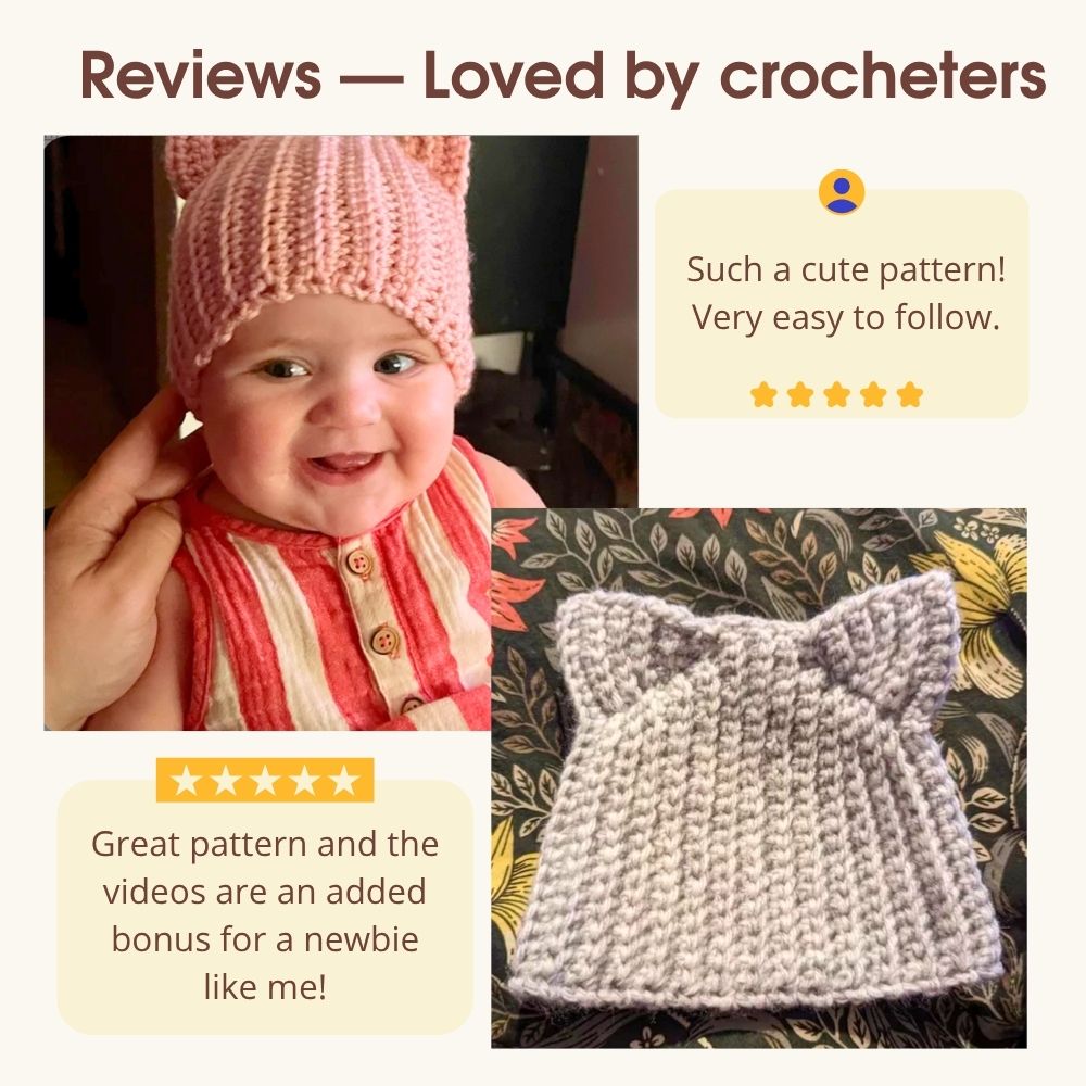 Customer reviews and finished crochet baby hats made by crocheters