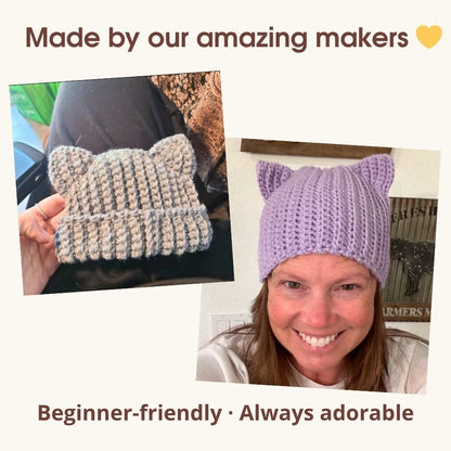 Happy maker wearing finished crochet cat ear beanie in pastel yarn