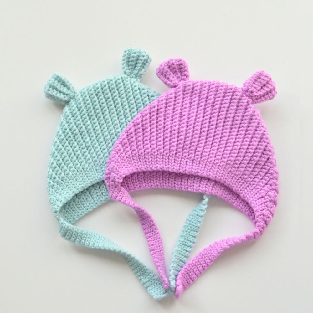 Blue and purple ribbed crochet baby bonnets with small bear ears