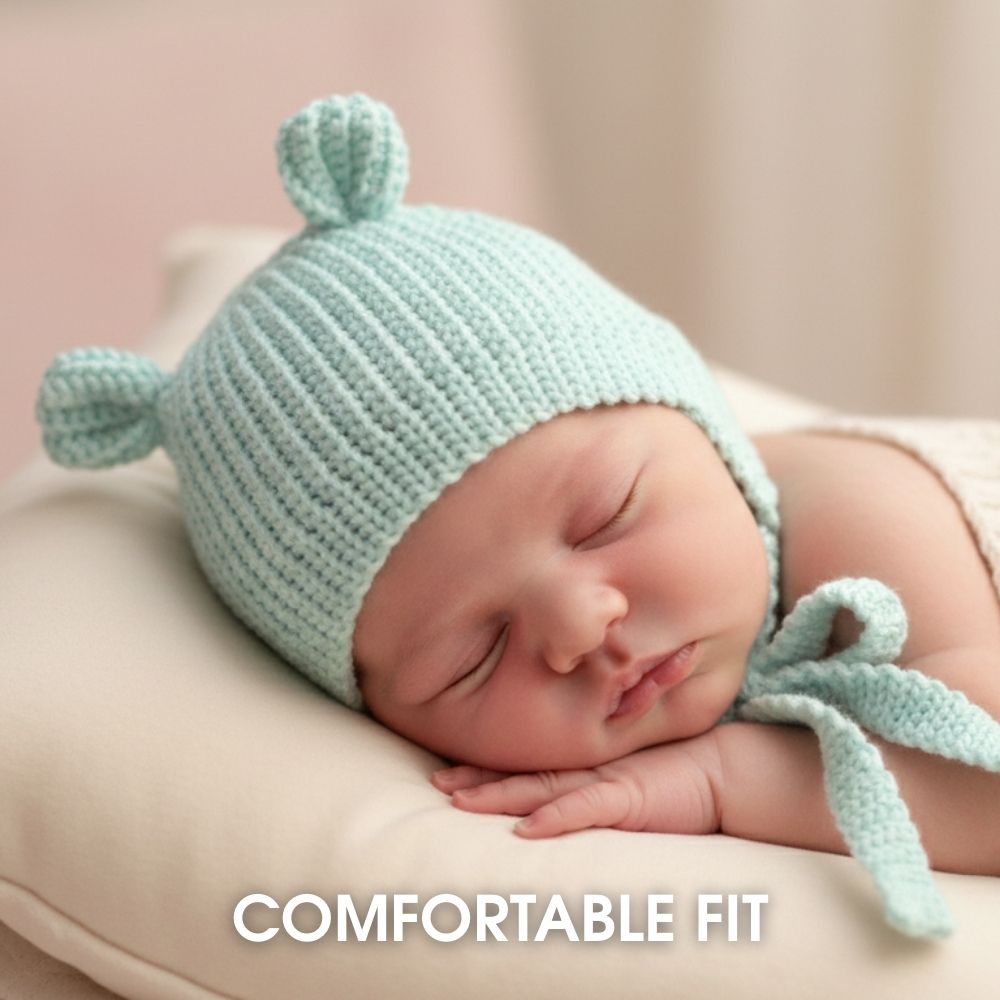 Crochet baby bonnet with comfortable fit, soft handmade hat for newborn, gentle and cozy baby headwear
