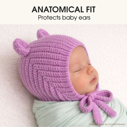 Anatomical crochet baby bonnet protecting baby ears, seamless handmade baby hat with ties