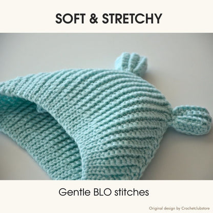 Soft and stretchy crochet baby hat texture, back loop only stitches, elastic handmade baby bonnet