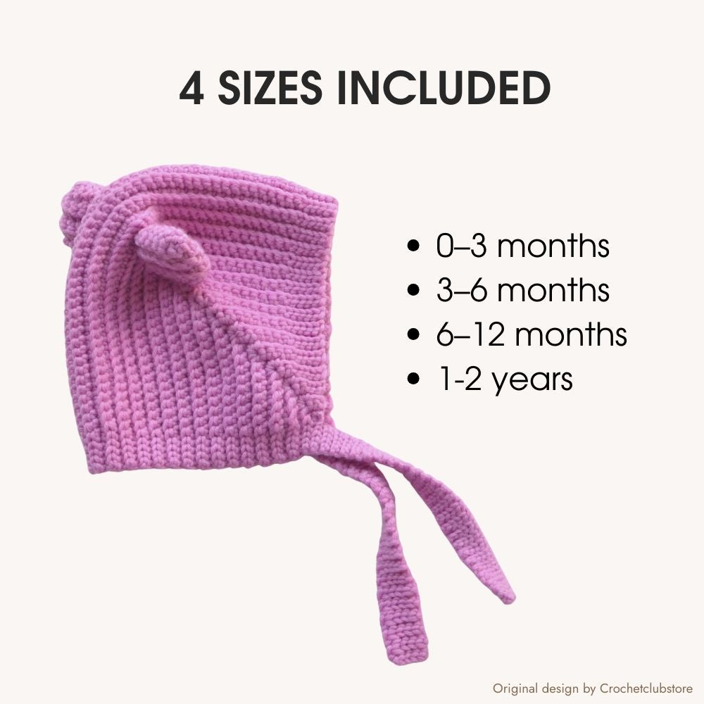 Crochet baby bonnet pattern with 4 sizes included, newborn to 2 years, clear baby hat sizing guide