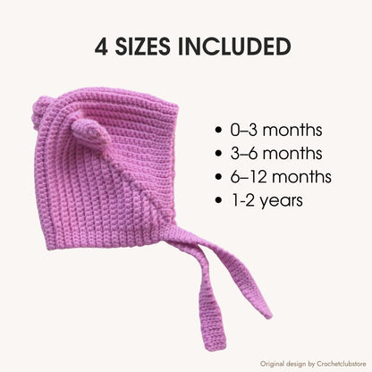 Crochet baby bonnet pattern with 4 sizes included, newborn to 2 years, clear baby hat sizing guide