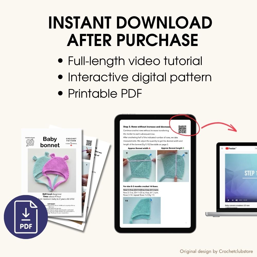 Digital crochet baby bonnet pattern with video tutorial, instant download PDF crochet pattern