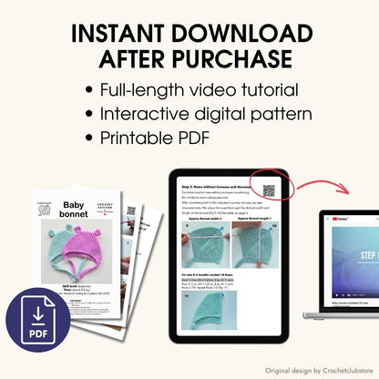 Digital crochet baby bonnet pattern with video tutorial, instant download PDF crochet pattern