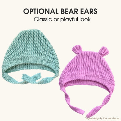 Crochet baby bonnet with and without bear ears, classic or playful baby hat design option