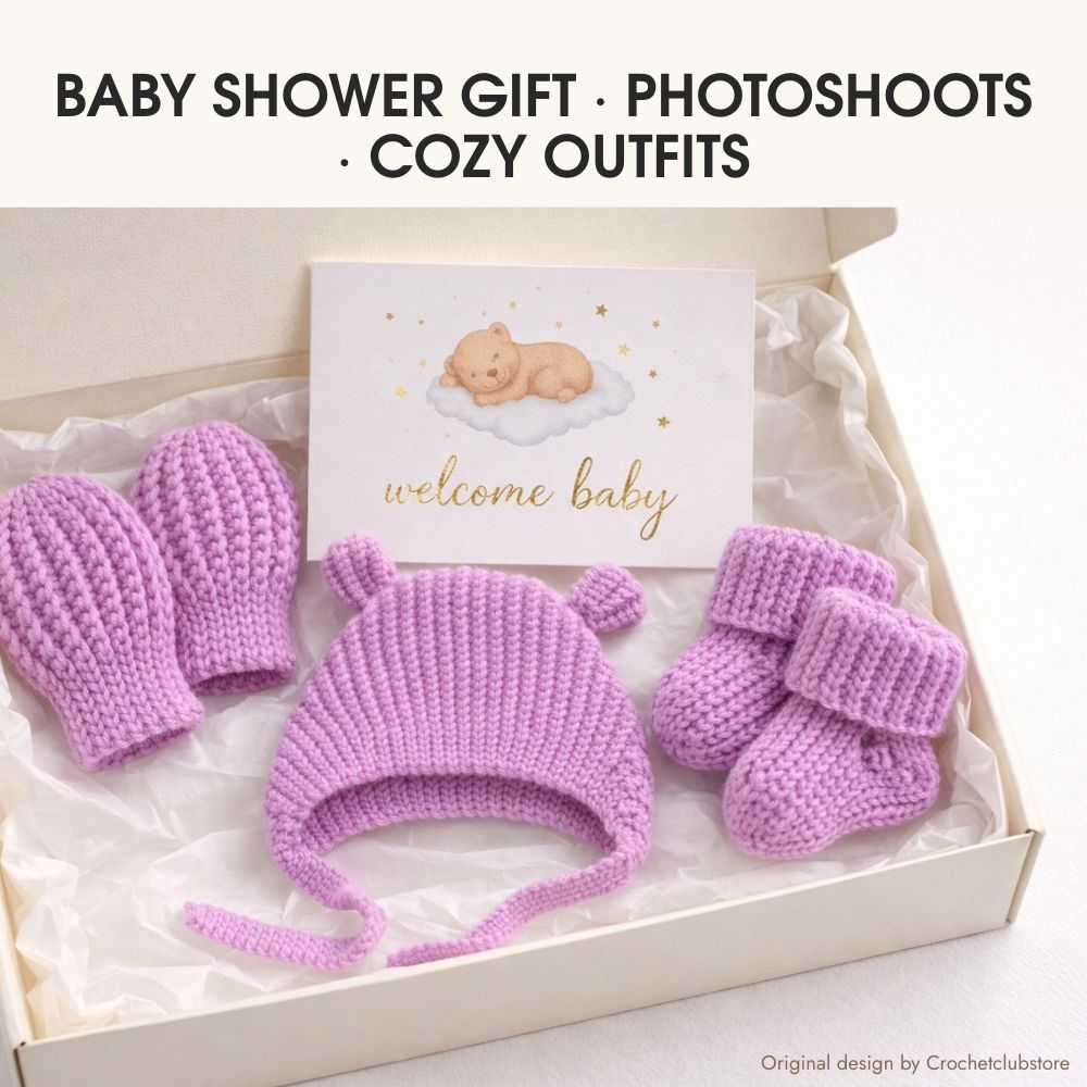 Coordinated crochet baby set with warm socks, thumbless mittens and an ear bonnet for autumn
