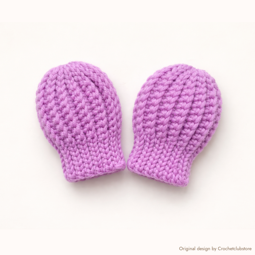 Purple crochet baby mittens with a soft ribbed texture for autumn and winter