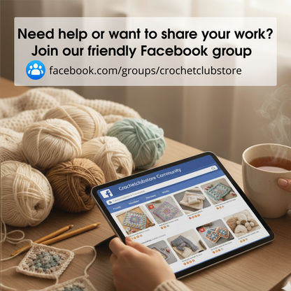 Person using a tablet with a crochet club store Facebook group on a table with yarn and a cup of tea.