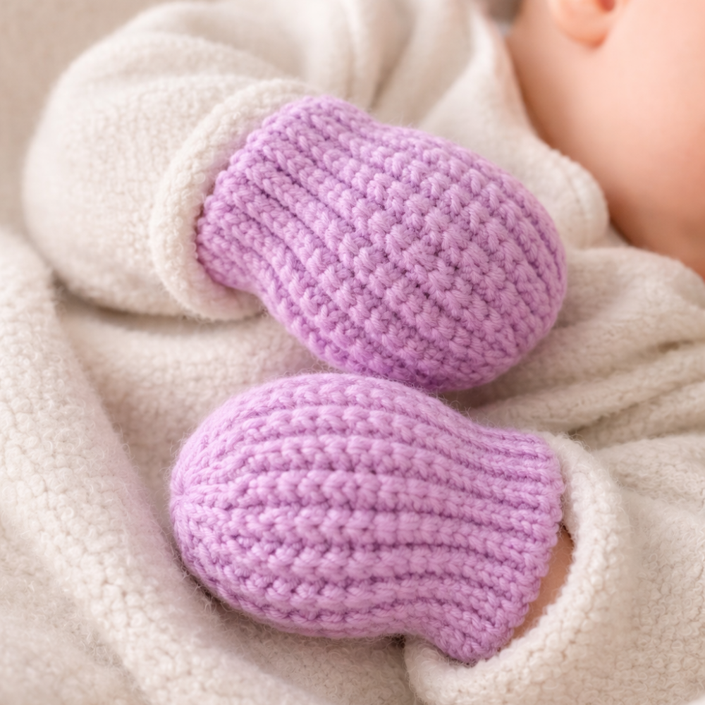 Crochet baby mittens worn by newborn, soft stretchy crochet mittens that stay on baby hands, cozy winter baby accessories