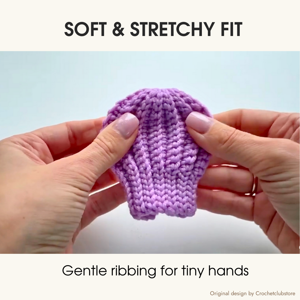 Soft and stretchy crochet baby mittens, ribbed crochet texture for comfortable fit on tiny baby hands