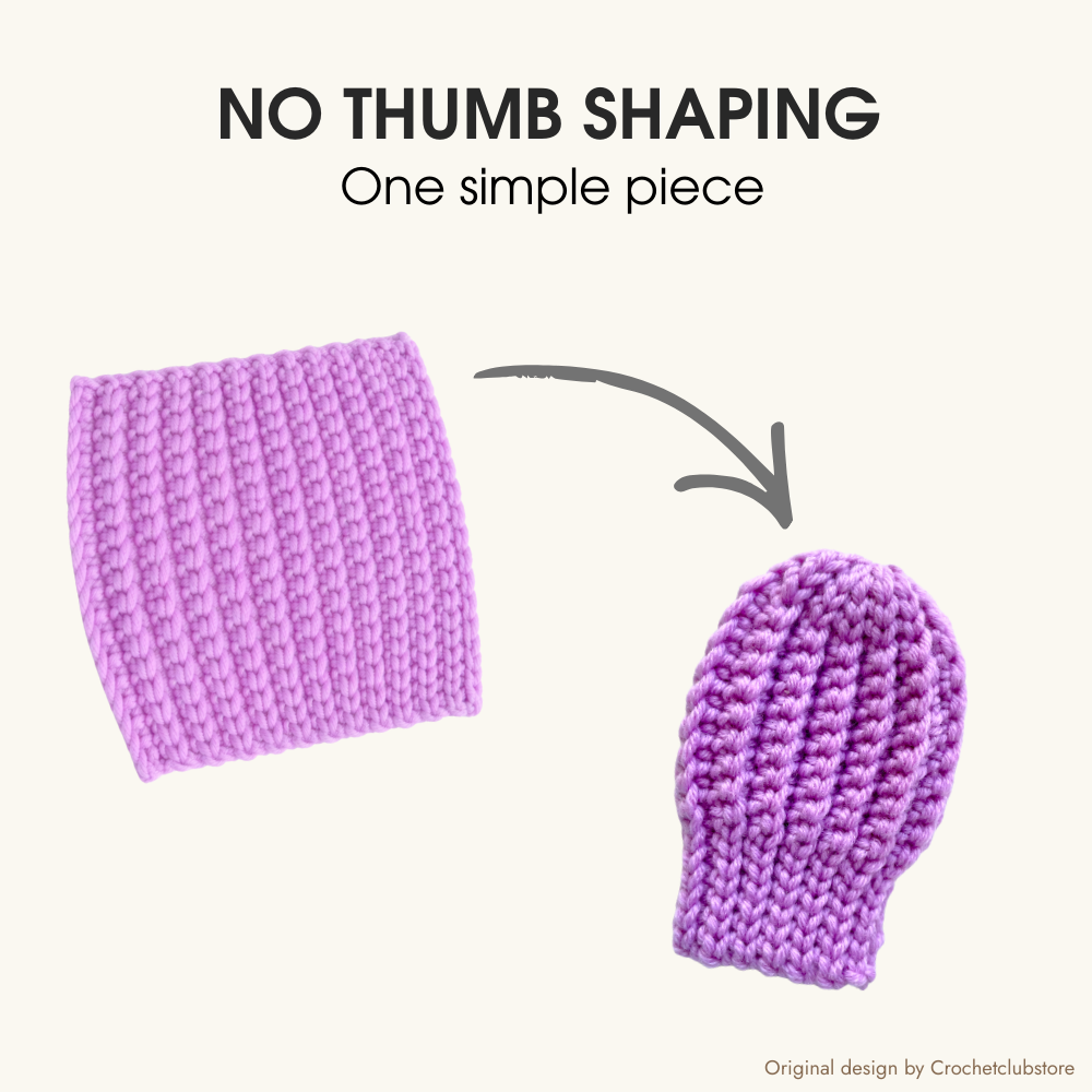 Thumbless crochet baby mittens pattern, one simple piece construction, easy crochet mittens for beginners