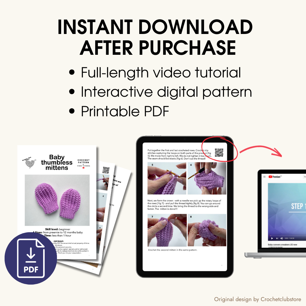 Crochet baby mittens pattern PDF with full video tutorial, instant digital download crochet pattern for beginners