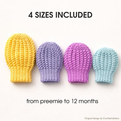 Crochet baby mittens pattern with 4 sizes included, preemie to 12 months, adjustable crochet mittens design
