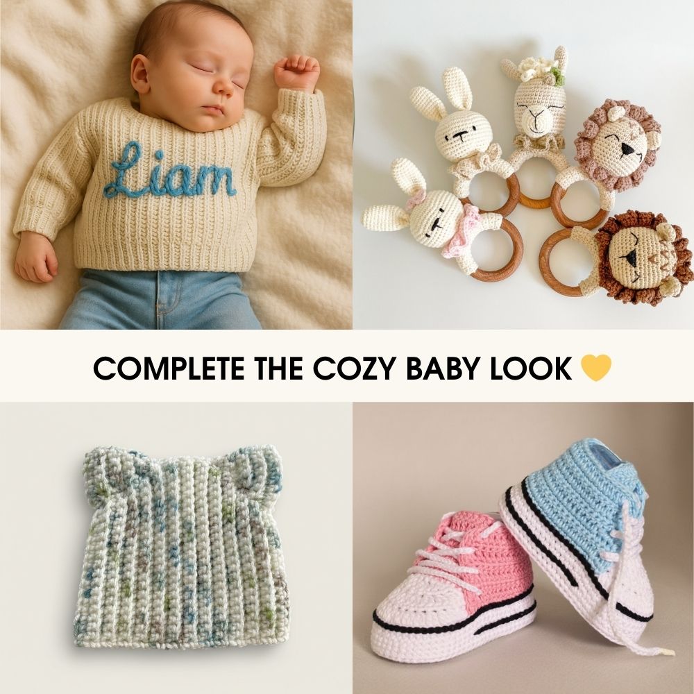 Matching crochet baby patterns including hats and mittens, complete cozy baby crochet set