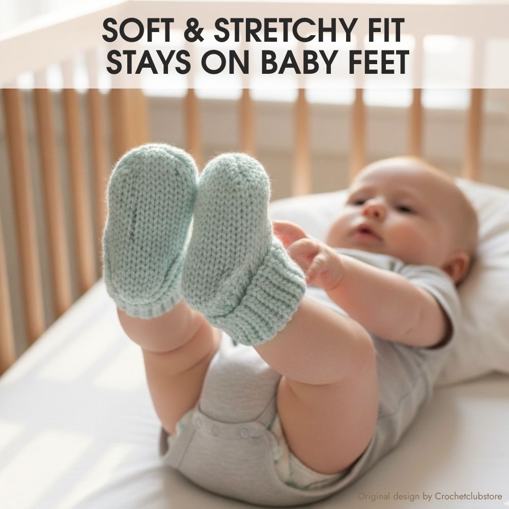 Soft stretchy crochet baby socks that stay on baby feet, snug ribbed fit for newborn and infant