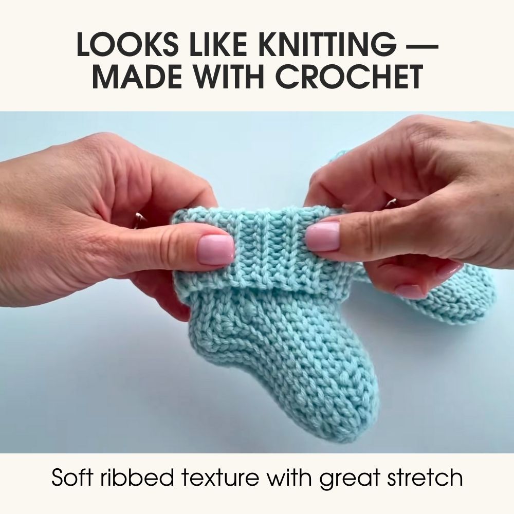 Crochet baby socks that look like knitting, ribbed slip stitch texture with great stretch