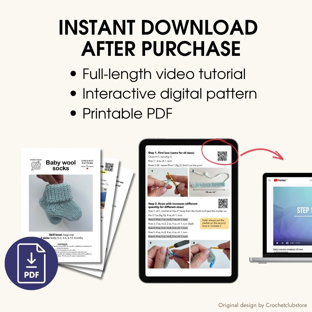 Instant download crochet baby socks pattern with PDF and full video tutorial
