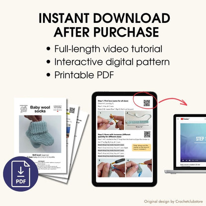 Instant download crochet baby socks pattern with PDF and full video tutorial
