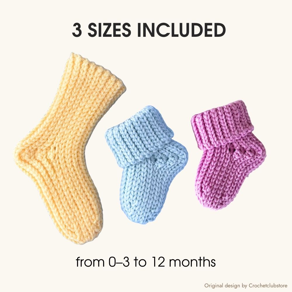 Crochet baby socks pattern with 3 sizes included, adjustable fit from newborn to 12 months