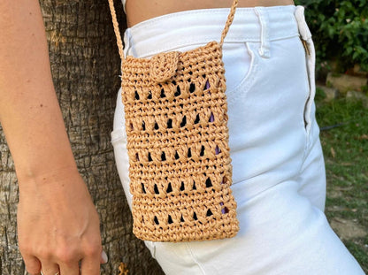 crochet raffia phone bag with crossbody strap