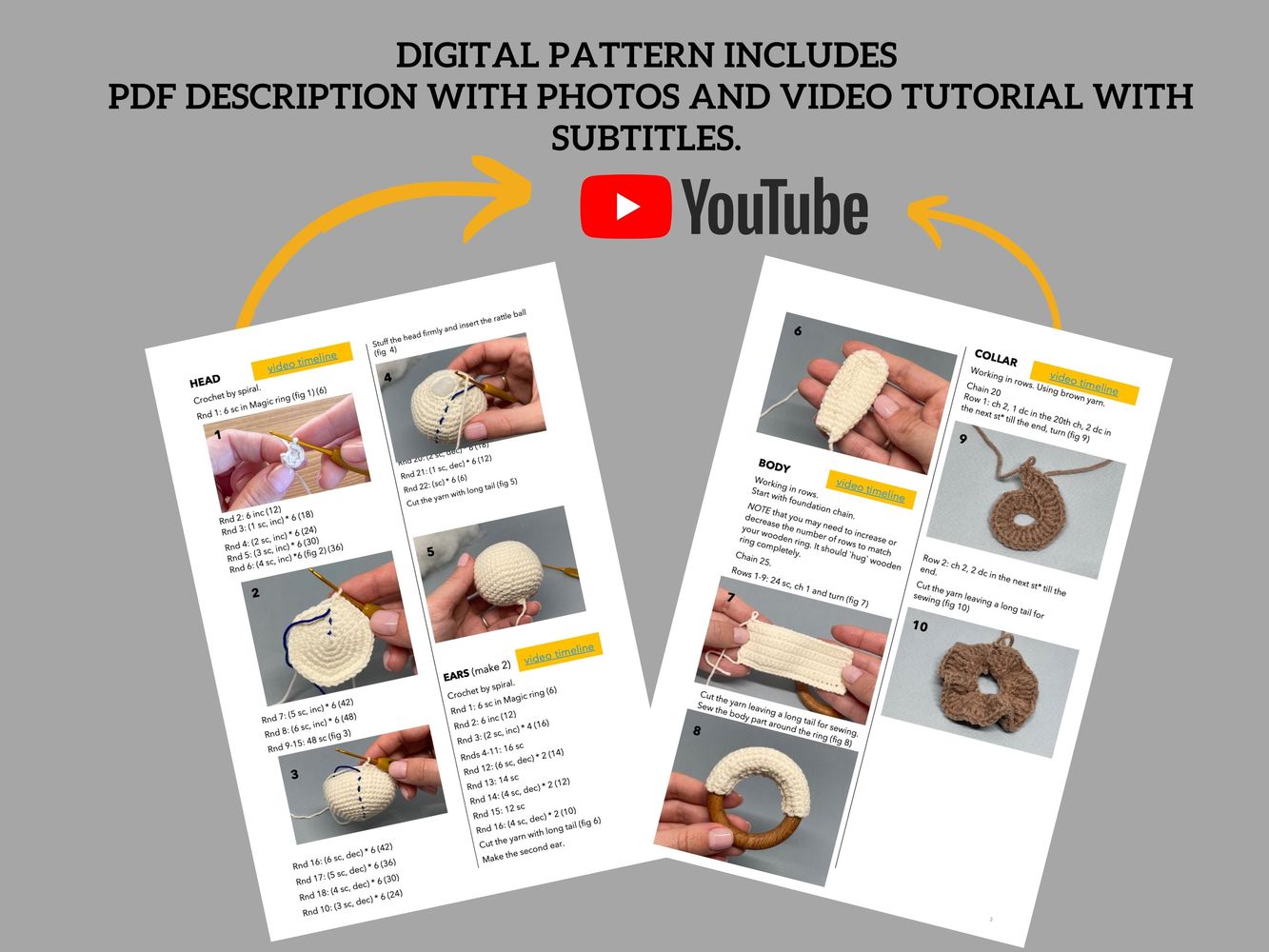 video tutorial and PDF instruction lion rattle amigurumi