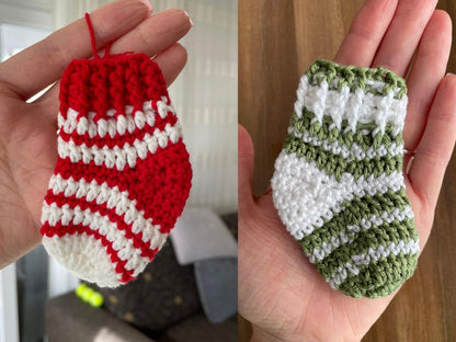 Crochet Christmas decorations patterns, mini socks, mittens