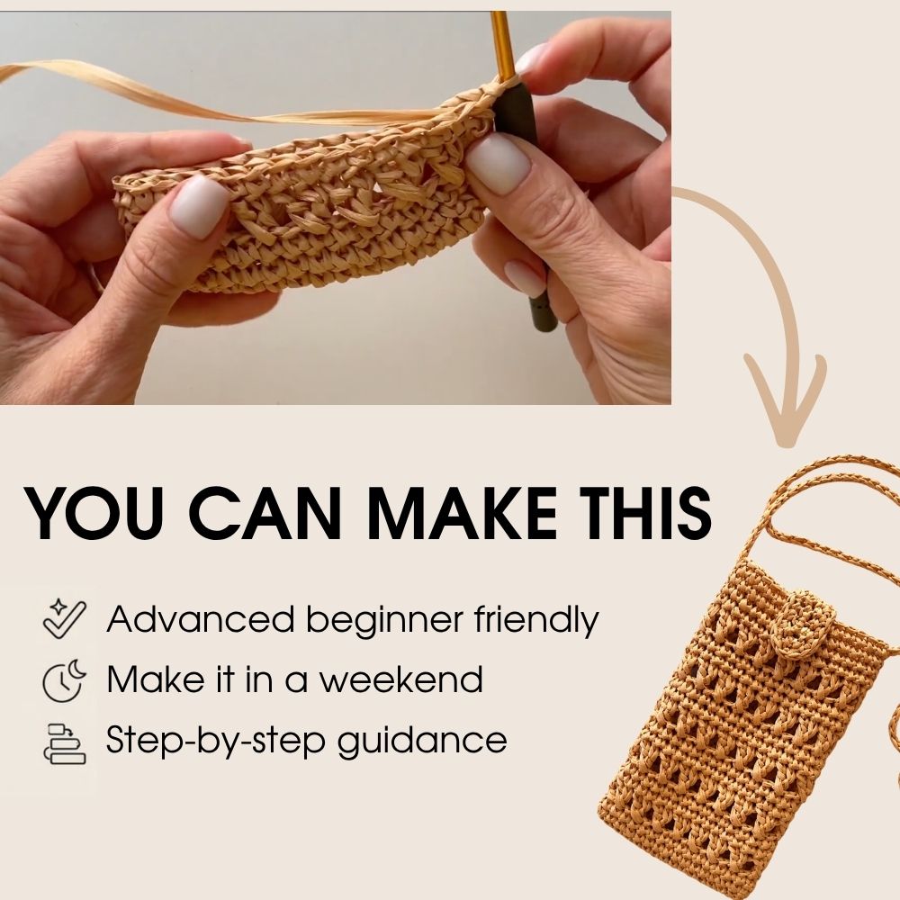 Lightweight summer phone purse made with raffia yarn