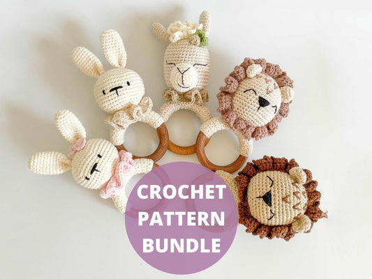 Crochet Patterns Bundle, Set of 3 Amigurumi Patterns Baby Rattle, Bunny Lion Lama Baby Toy #R1